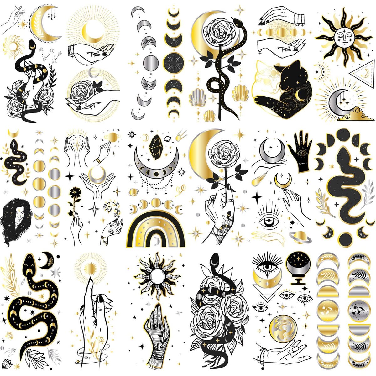 Glaryyears Metallic Gold Temporary Tattoos, 18-Pack Long-lasting Fake Tattoo Stickers, Small Size Variety Pack Realistic Tattoos for Women Adults Girls on Face Body Hand Arm Neck - görsel 1