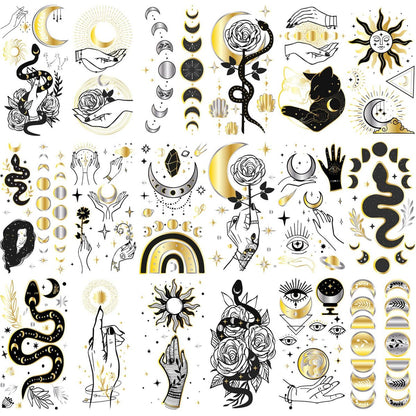 Glaryyears Metallic Gold Temporary Tattoos, 18-Pack Long-lasting Fake Tattoo Stickers, Small Size Variety Pack Realistic Tattoos for Women Adults Girls on Face Body Hand Arm Neck
