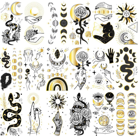 Glaryyears Metallic Gold Temporary Tattoos, 18-Pack Long-lasting Fake Tattoo Stickers, Small Size Variety Pack Realistic Tattoos for Women Adults Girls on Face Body Hand Arm Neck