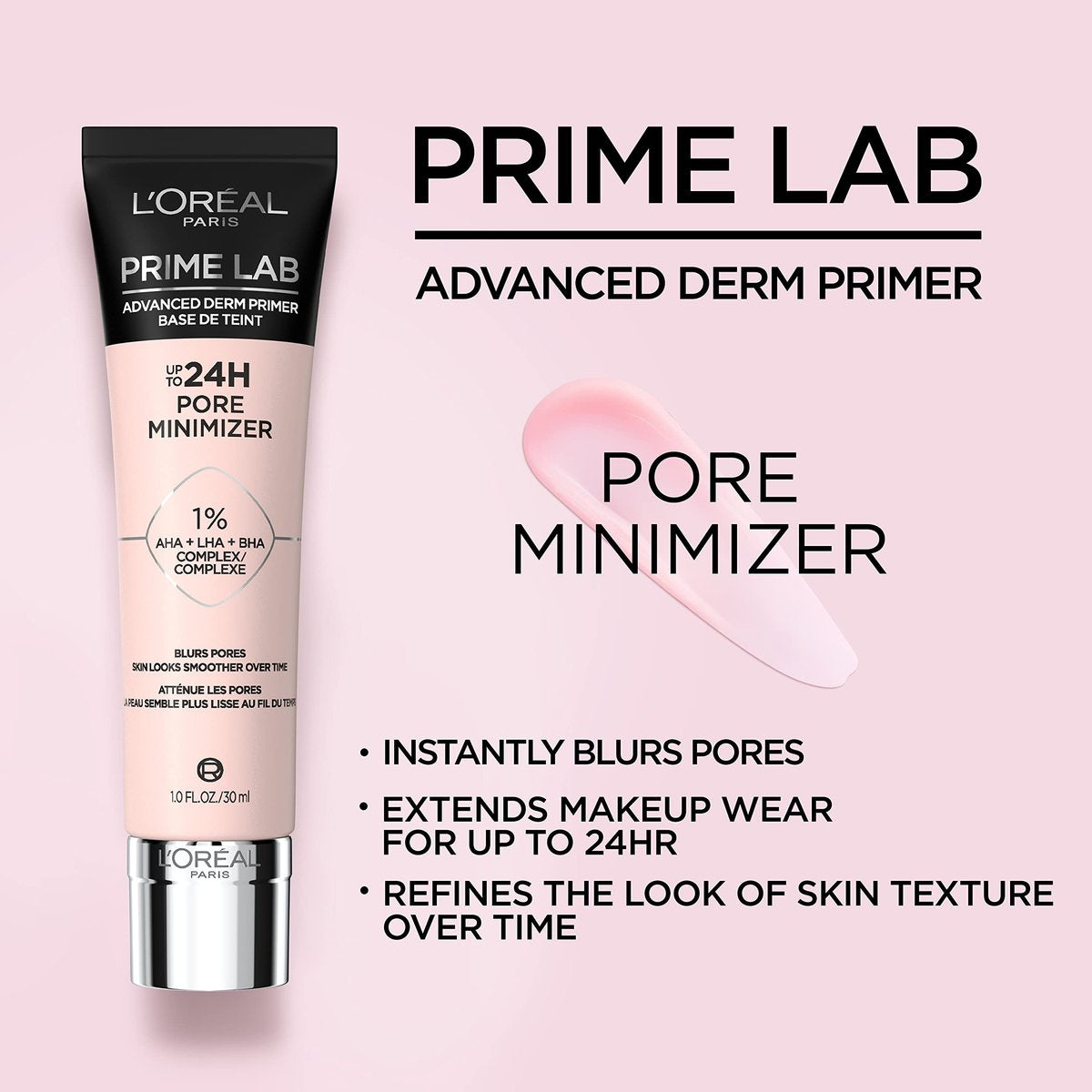L'Oreal Paris Prime Lab Up to 24H Pore Minimizer Face Primer - Infused with AHA, LHA, BHA Complex to Smooth Skin & Extend Makeup Wear, 1.01 Fl Oz Avelisse