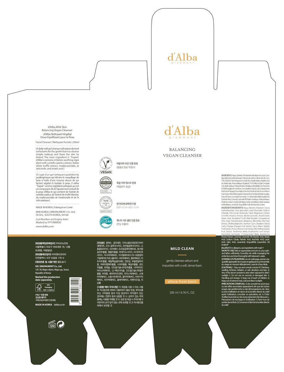 d'alba Piedmont Italian White Truffle Mild Skin Balancing Vegan Cleanser - Hydrating & Calming pH Cleanser for Sensitive Skin, 6.76 oz Avelisse