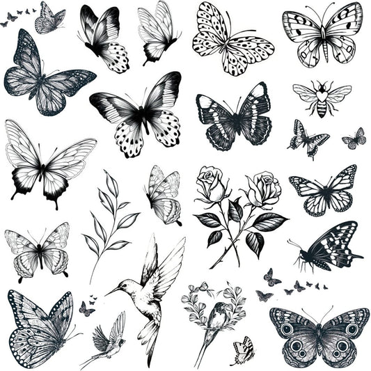 Tazimi Large Black Butterfly Temporary Tattoos for Women - 6 Sheets of Flower, Hummingbird, Swallow & Rose Designs - Waterproof, Long Lasting Fake Tattoo Stickers for Adults