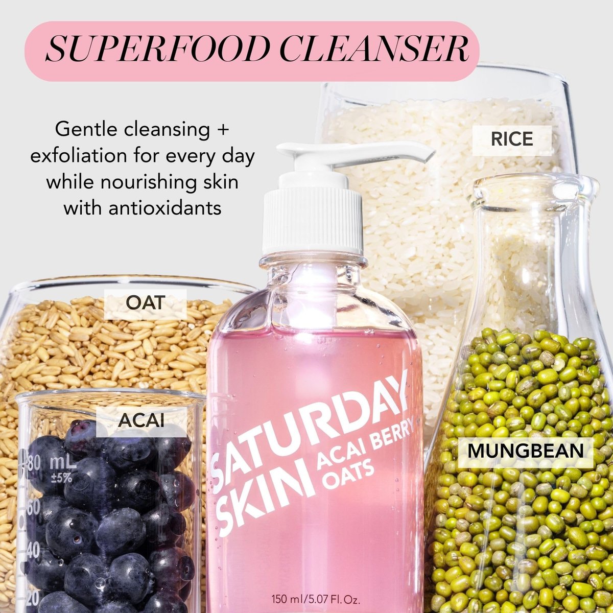 Saturday Skin Hydrating Gentle Facial Gel Cleanser - Makeup Remover for Sensitive Skin, Antioxidant Vitamin Brightening Smoothing, Korean Skincare with CICA, Acai Berry & Oats, 5.07 Fl Oz Avelisse