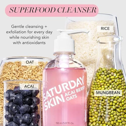 Saturday Skin Hydrating Gentle Facial Gel Cleanser - Makeup Remover for Sensitive Skin, Antioxidant Vitamin Brightening Smoothing, Korean Skincare with CICA, Acai Berry & Oats, 5.07 Fl Oz Avelisse