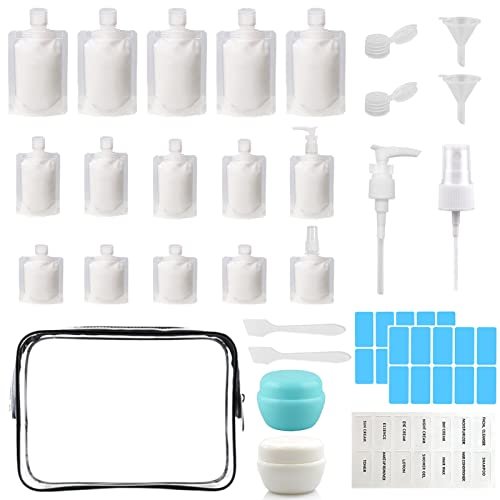 29-Piece Travel Size Refillable Empty Squeeze Pouches – TSA Approved Leak Proof Toiletry Containers for Cosmetics & Liquids (30/50/100 ml)