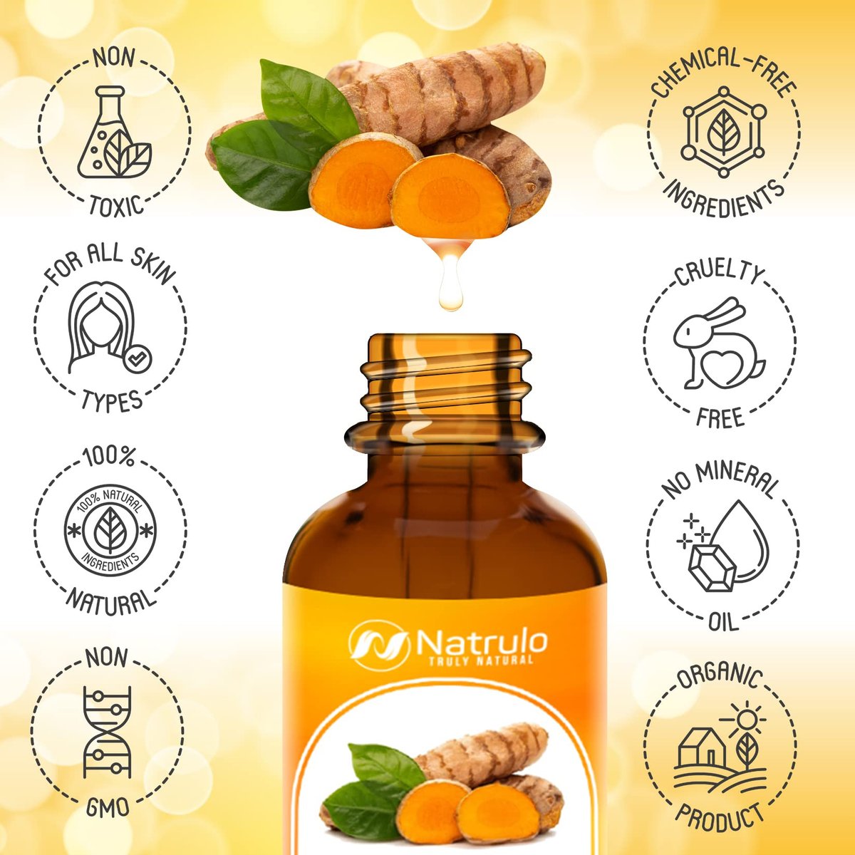 Natrulo All Natural Turmeric Skin Brightening Oil for Dark Spots, Acne, Scars, and Uneven Tone - 1 oz - görsel 6