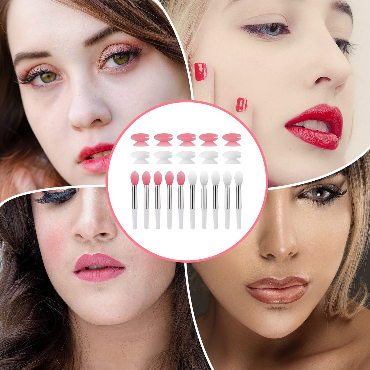 10-Piece Silicone Lip Brushes with Covers - Reusable Lip Applicators for Lipstick, Gloss & Balm, Pink and White, by KINBOM - görsel 13