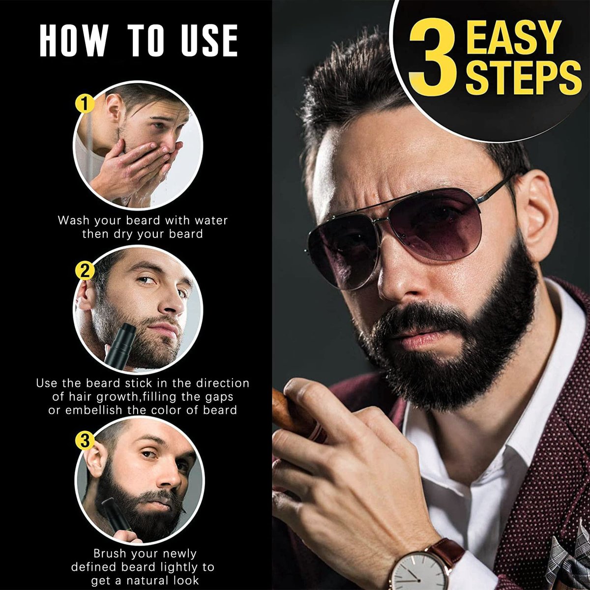 NewBang Beard Filler 2-in-1 Filling Stick and Brush for Men - Waterproof Long-Lasting Natural Finish, Enhances Facial Hair and Moustache Makeup (Black) - görsel 7