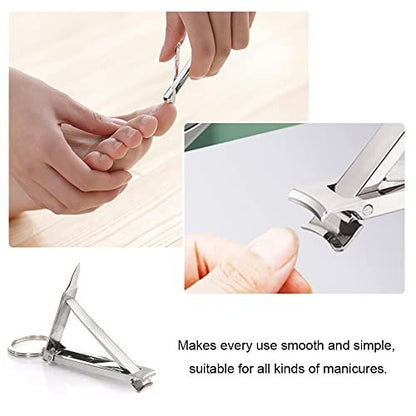 Haisiboya Heavy Duty Nail Clippers with Keychain - Professional Folding Nail Cleaner for Thick Toenails & Fingernails, Men & Women, Silver Metal
