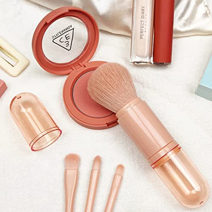 Blavvennt 4-in-1 Travel Makeup Brush Set: Retractable Mini Foundation, Blending & Eye Shadow Brushes for Women