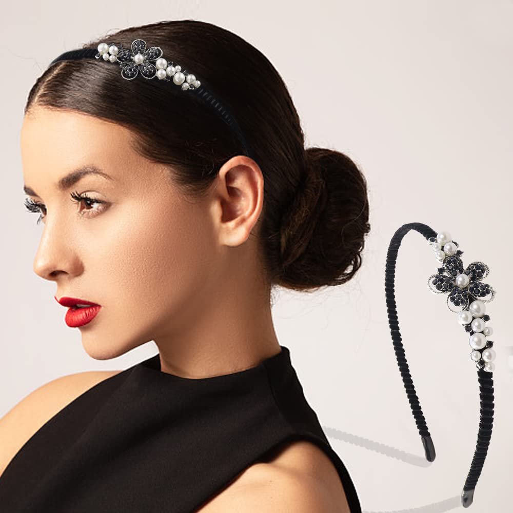 TCOTBE 2 Pack Rhinestone Hair Accessories: Crystal Headbands, Shiny Butterfly Flowers, Vintage Sparkly Beaded Hoops, Pearl Jewelry for Women - görsel 5