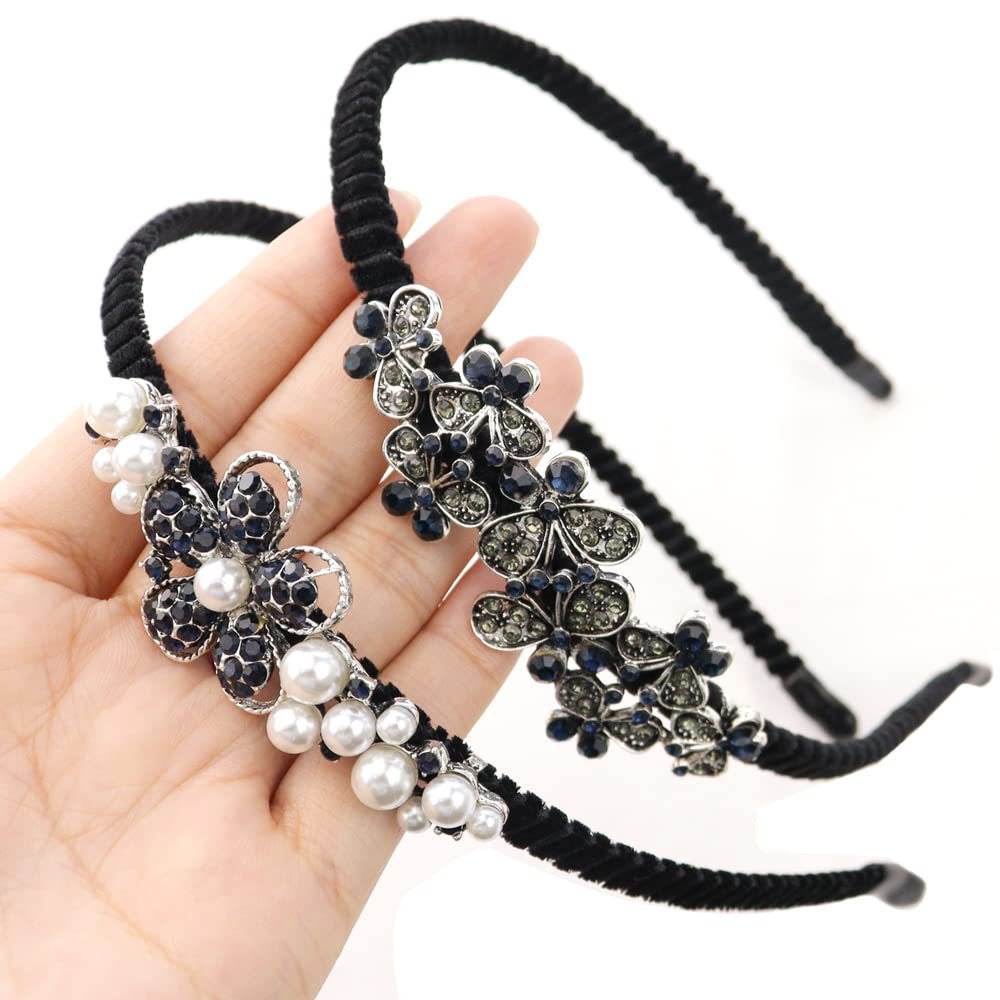 TCOTBE 2 Pack Rhinestone Hair Accessories: Crystal Headbands, Shiny Butterfly Flowers, Vintage Sparkly Beaded Hoops, Pearl Jewelry for Women - görsel 3