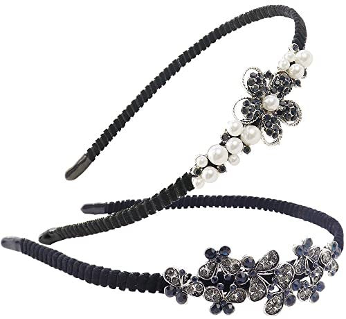 TCOTBE 2 Pack Rhinestone Hair Accessories: Crystal Headbands, Shiny Butterfly Flowers, Vintage Sparkly Beaded Hoops, Pearl Jewelry for Women - görsel 2