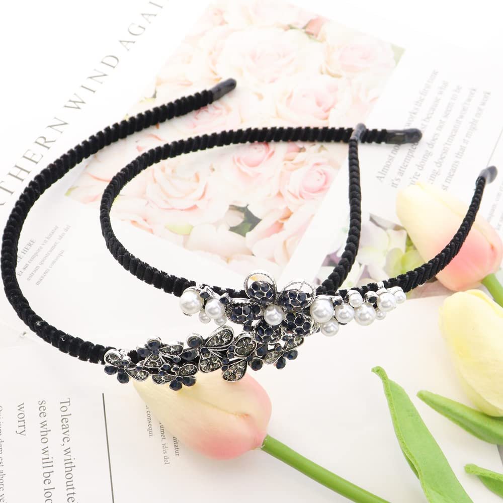 TCOTBE 2 Pack Rhinestone Hair Accessories: Crystal Headbands, Shiny Butterfly Flowers, Vintage Sparkly Beaded Hoops, Pearl Jewelry for Women - görsel 11