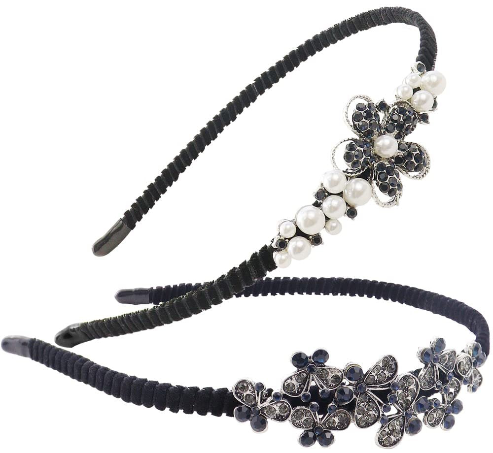 TCOTBE 2 Pack Rhinestone Hair Accessories: Crystal Headbands, Shiny Butterfly Flowers, Vintage Sparkly Beaded Hoops, Pearl Jewelry for Women - görsel 1