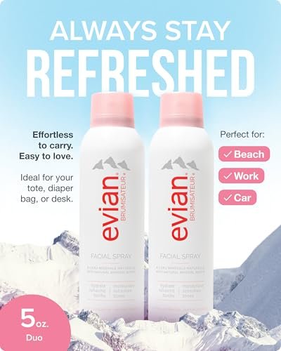 Evian Facial Spray 5 oz Duo - Hydrating Mineral Water Mist for Face & Skin, Refreshes Makeup, Sets & Tones, Daily Skincare Lightweight Moisturizer Mist (Twin Pack) Avelisse