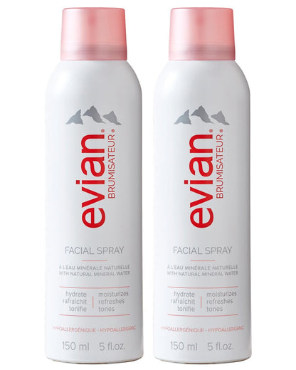 Evian Facial Spray 5 oz Duo - Hydrating Mineral Water Mist for Face & Skin, Refreshes Makeup, Sets & Tones, Daily Skincare Lightweight Moisturizer Mist (Twin Pack) Avelisse