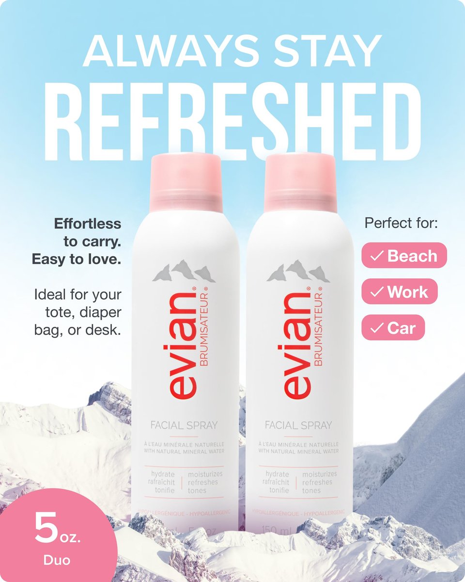Evian Facial Spray 5 oz Duo - Hydrating Mineral Water Mist for Face & Skin, Refreshes Makeup, Sets & Tones, Daily Skincare Lightweight Moisturizer Mist (Twin Pack) Avelisse