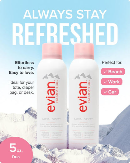 Evian Facial Spray 5 oz Duo - Hydrating Mineral Water Mist for Face & Skin, Refreshes Makeup, Sets & Tones, Daily Skincare Lightweight Moisturizer Mist (Twin Pack) Avelisse