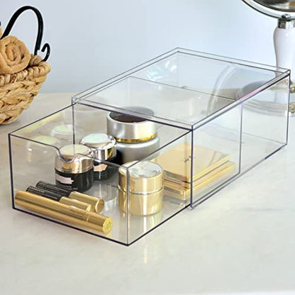 Youngever 2 Pack Stackable Plastic Organiser Drawers - Clear Cosmetic & Makeup Storage