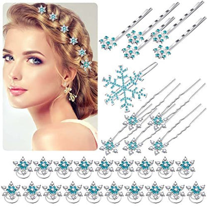 30 Pcs Snowflake Hair Clips for Women - Crystal Rhinestone Spiral Bobby Pins, 4 Styles, Winter Wedding Bridal Christmas Party Hair Accessories