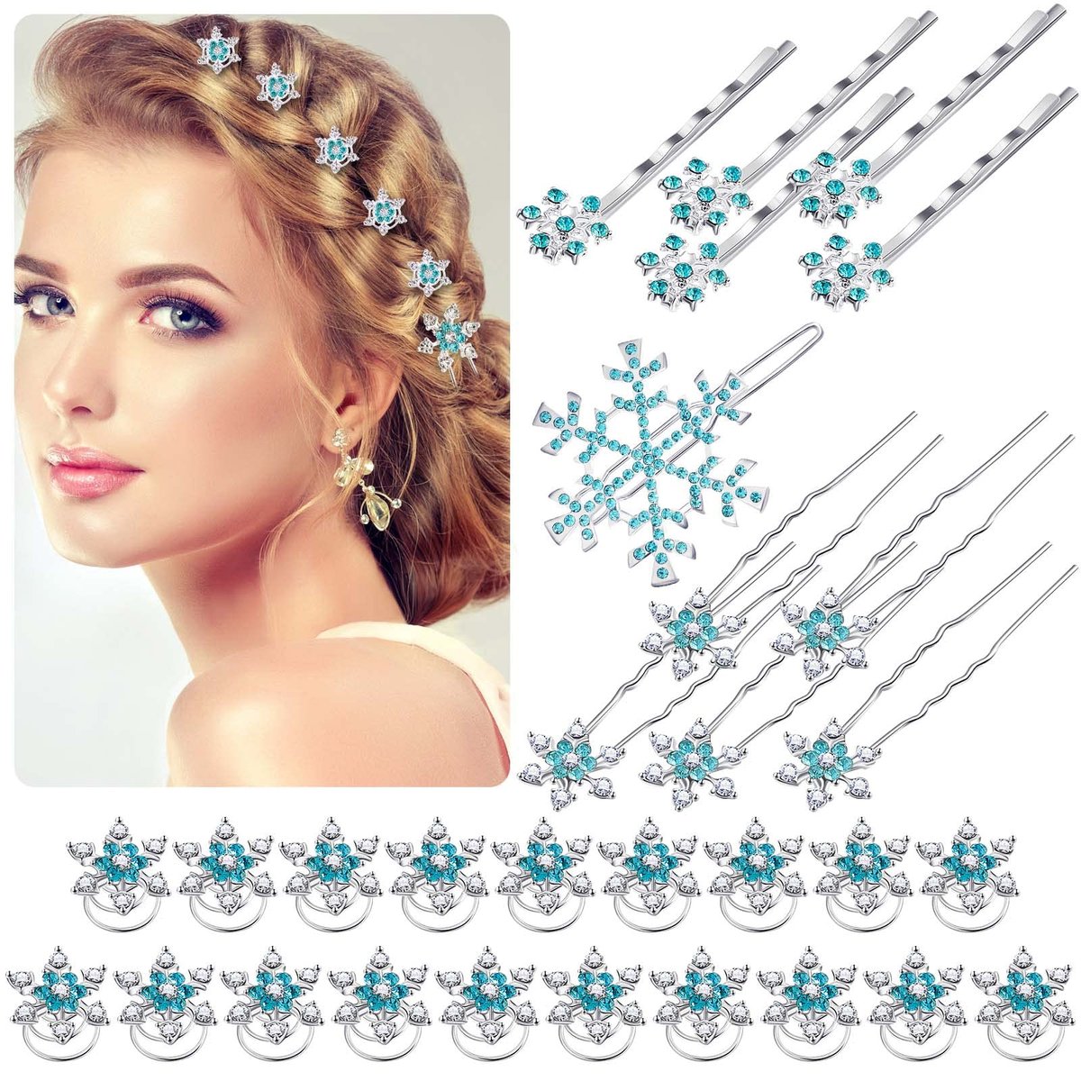 30 Pcs Snowflake Hair Clips for Women - Crystal Rhinestone Spiral Bobby Pins, 4 Styles, Winter Wedding Bridal Christmas Party Hair Accessories - görsel 1