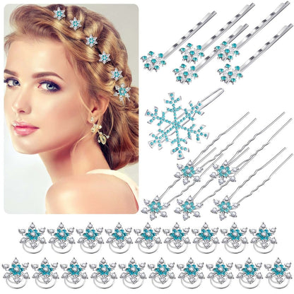 30 Pcs Snowflake Hair Clips for Women - Crystal Rhinestone Spiral Bobby Pins, 4 Styles, Winter Wedding Bridal Christmas Party Hair Accessories