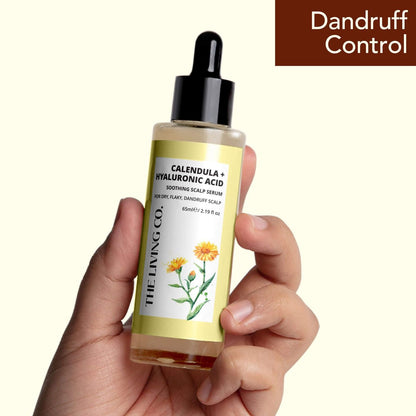 THE LIVING CO. Calendula + Hyaluronic Acid Soothing Scalp Serum - 65ml for Dandruff, Flaky & Dehydrated Scalp