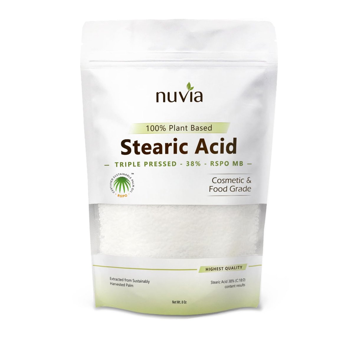 Stearic Acid - 100% Plant Based, Food Grade, Triple Pressed, Certified Sustainable, by Nuvia Organics; 8oz - görsel 1