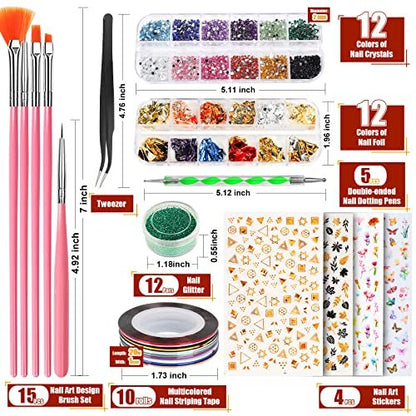Teenitor Nail Art Brushes & Tools Kit - Pink Acrylic Nail Design Set with Stickers, Gems, Dotting Tools for Women & Girls