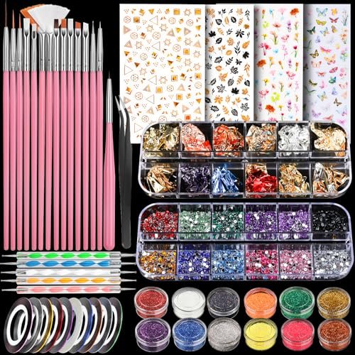 Teenitor Nail Art Brushes & Tools Kit - Pink Acrylic Nail Design Set with Stickers, Gems, Dotting Tools for Women & Girls - görsel 1