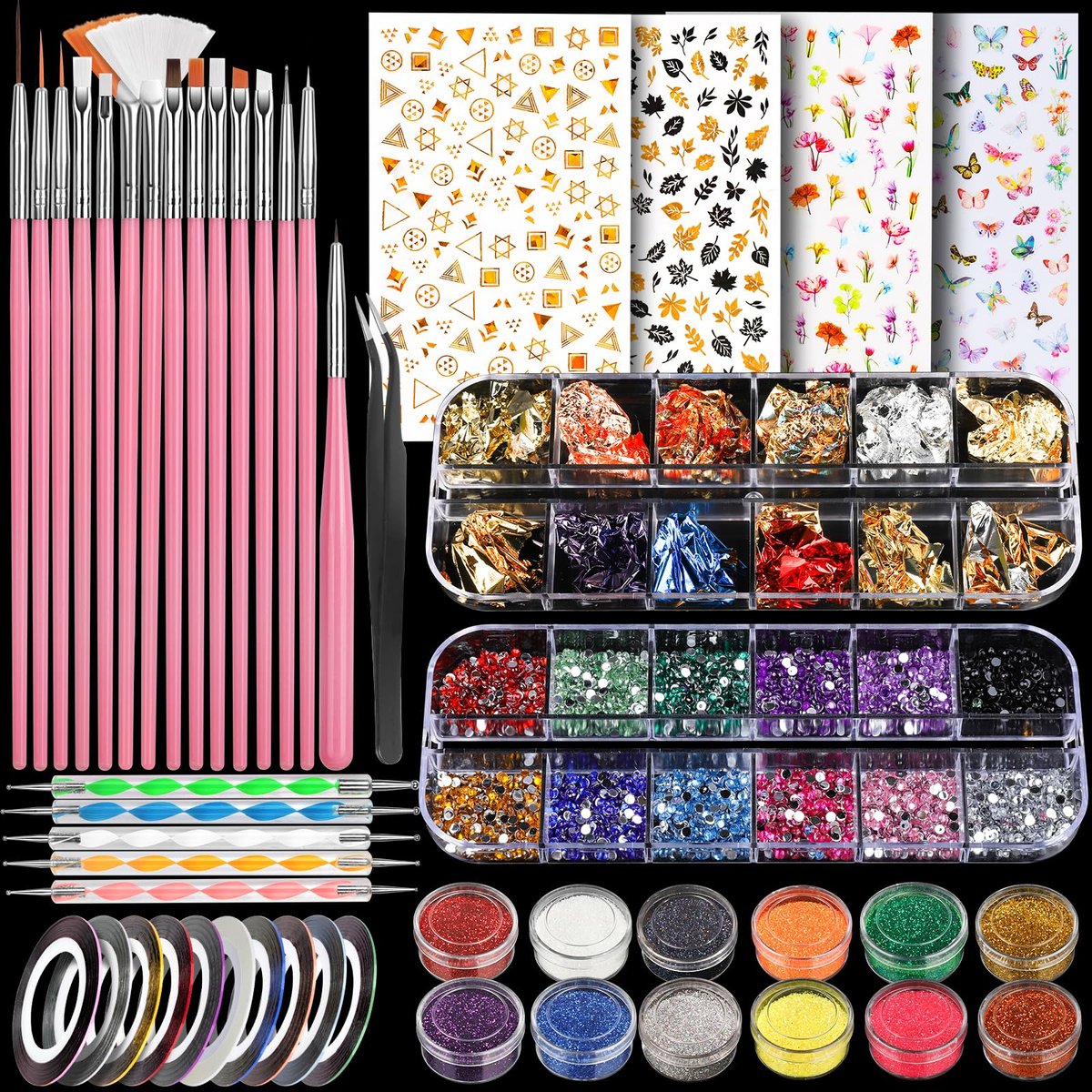 Teenitor Nail Art Brushes & Tools Kit - Pink Acrylic Nail Design Set with Stickers, Gems, Dotting Tools for Women & Girls - görsel 2