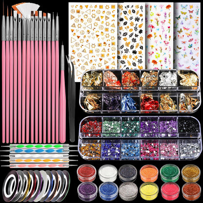Teenitor Nail Art Brushes & Tools Kit - Pink Acrylic Nail Design Set with Stickers, Gems, Dotting Tools for Women & Girls