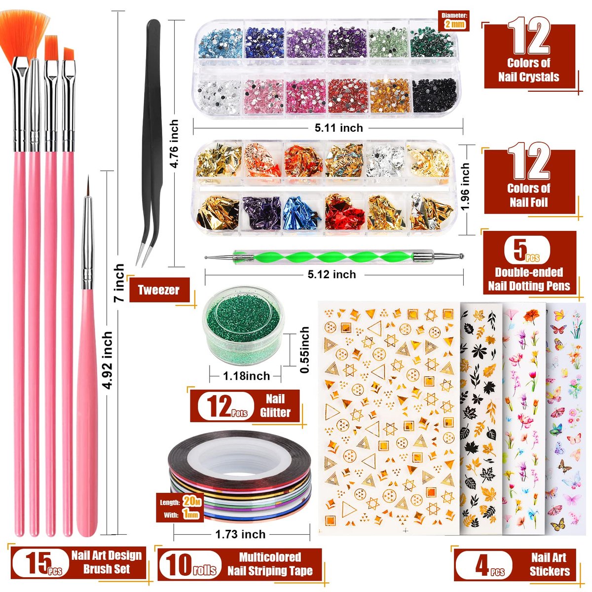 Teenitor Nail Art Brushes & Tools Kit - Pink Acrylic Nail Design Set with Stickers, Gems, Dotting Tools for Women & Girls - görsel 16