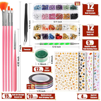 Teenitor Nail Art Brushes & Tools Kit - Pink Acrylic Nail Design Set with Stickers, Gems, Dotting Tools for Women & Girls