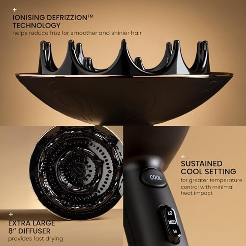 Curlsmith Defrizzion Hair Dryer with Extra Large 8" Diffuser for Curly Hair - Fast Drying, 2 Speeds, 3 Heat Settings, Sustained Cool Setting Avelisse