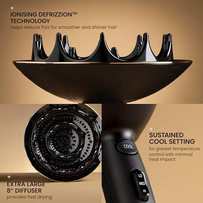 Curlsmith Defrizzion Hair Dryer with Extra Large 8" Diffuser for Curly Hair - Fast Drying, 2 Speeds, 3 Heat Settings, Sustained Cool Setting Avelisse