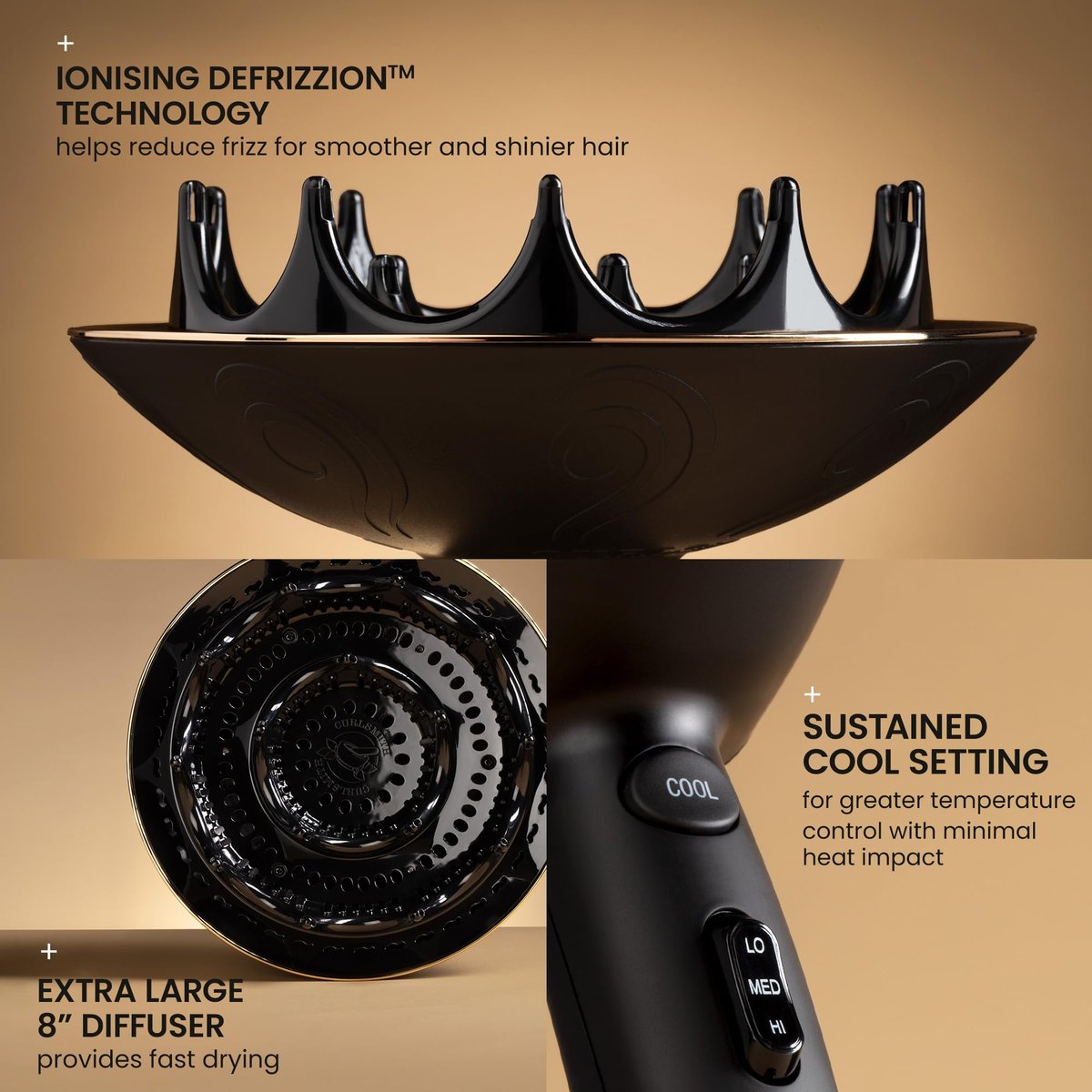 Curlsmith Defrizzion Hair Dryer with Extra Large 8" Diffuser for Curly Hair - Fast Drying, 2 Speeds, 3 Heat Settings, Sustained Cool Setting Avelisse
