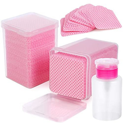 400 Pieces Nail Cotton Pads & Pull-Down Pump Dispenser Bottle – Super Absorbent Soft Non-Woven Eyelash Glue Wipes & Nail Polish Dehumidifier (Pink)