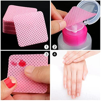 400 Pieces Nail Cotton Pads & Pull-Down Pump Dispenser Bottle – Super Absorbent Soft Non-Woven Eyelash Glue Wipes & Nail Polish Dehumidifier (Pink)