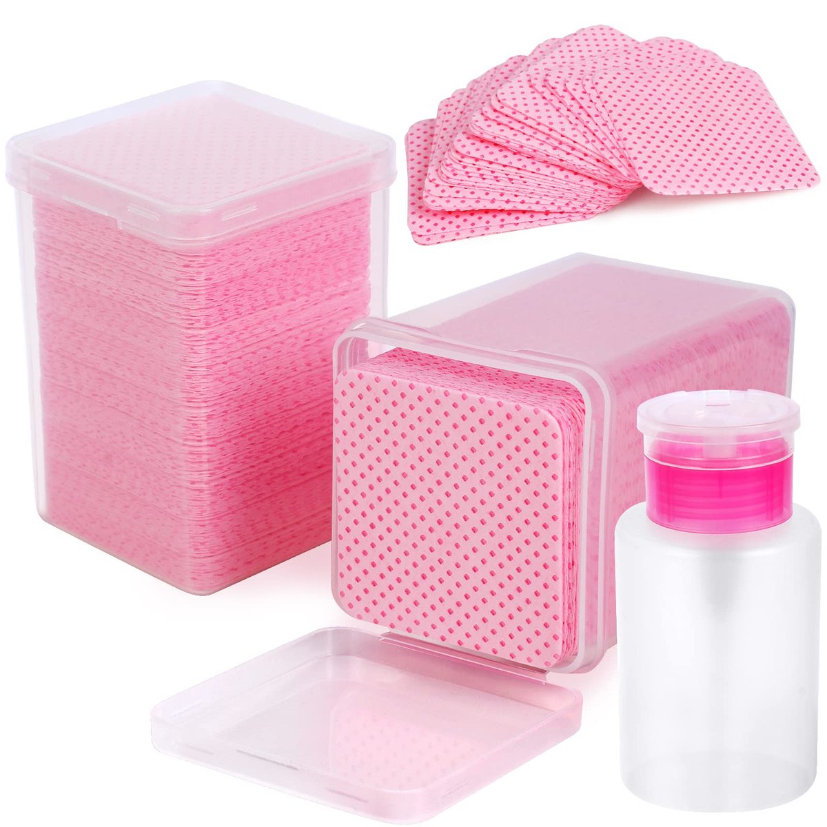 400 Pieces Nail Cotton Pads & Pull-Down Pump Dispenser Bottle – Super Absorbent Soft Non-Woven Eyelash Glue Wipes & Nail Polish Dehumidifier (Pink) - görsel 1