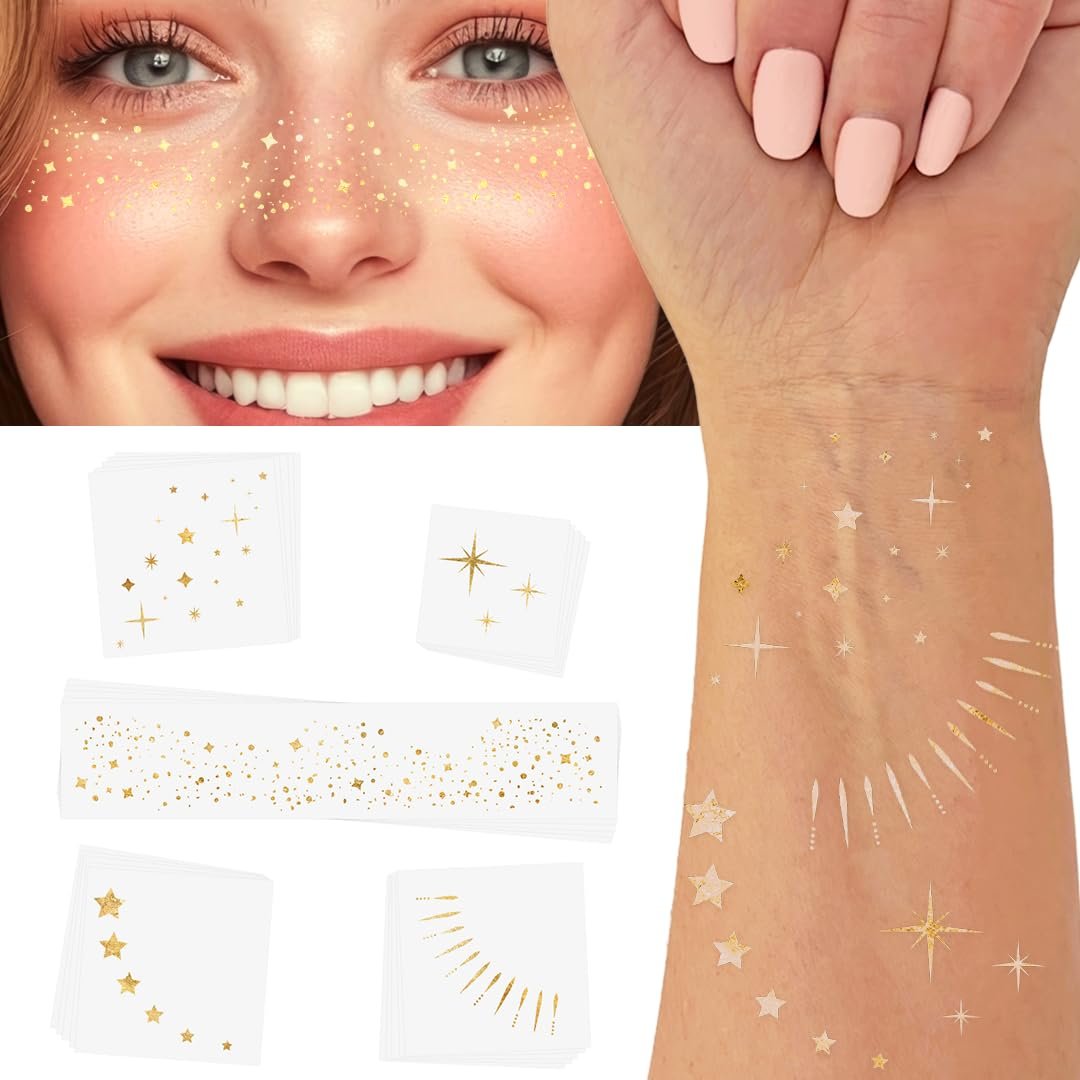 25-Piece Premium Gold Metallic Temporary Tattoo Variety Set – Waterproof Foil Face & Body Flash Tattoos for New Year's Eve & Parties Avelisse