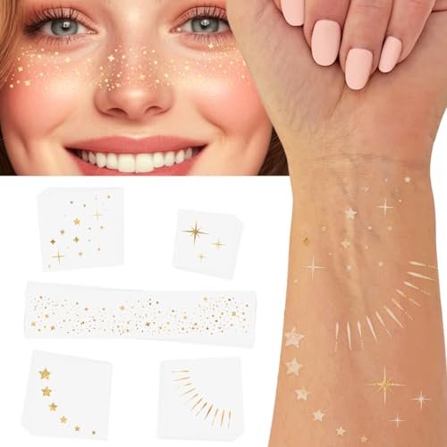 25-Piece Premium Gold Metallic Temporary Tattoo Variety Set – Waterproof Foil Face & Body Flash Tattoos for New Year's Eve & Parties Avelisse