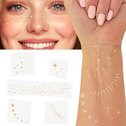 25-Piece Premium Gold Metallic Temporary Tattoo Variety Set – Waterproof Foil Face & Body Flash Tattoos for New Year's Eve & Parties Avelisse