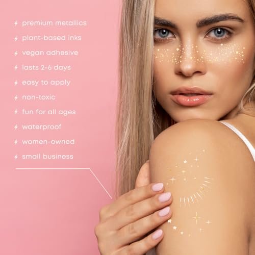 25-Piece Premium Gold Metallic Temporary Tattoo Variety Set – Waterproof Foil Face & Body Flash Tattoos for New Year's Eve & Parties Avelisse