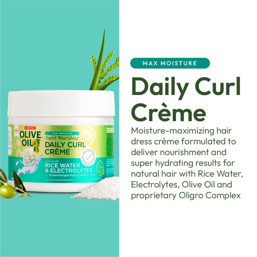 ORS Olive Oil Max Moisture Super Nourishing Daily Curl Crème with Rice Water & Electrolytes for Hydration & Growth (8 oz) - görsel 4