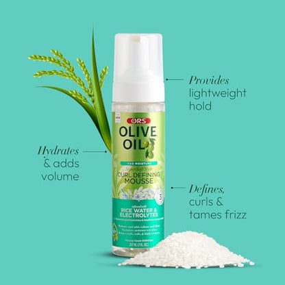 ORS Olive Oil Max Moisture Super Soft Style Curl Defining Mousse with Rice Water & Electrolytes for Hydration & Growth, 7.0 oz