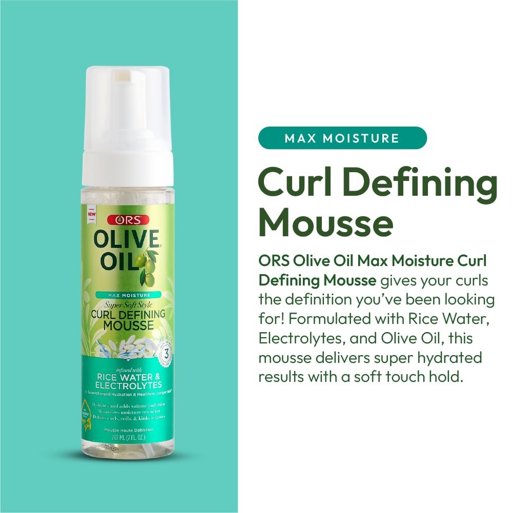 ORS Olive Oil Max Moisture Super Soft Style Curl Defining Mousse with Rice Water & Electrolytes for Hydration & Growth, 7.0 oz - görsel 5