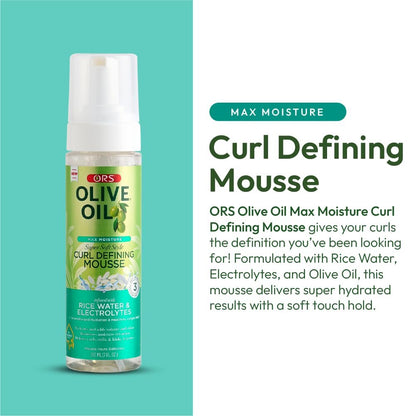 ORS Olive Oil Max Moisture Super Soft Style Curl Defining Mousse with Rice Water & Electrolytes for Hydration & Growth, 7.0 oz