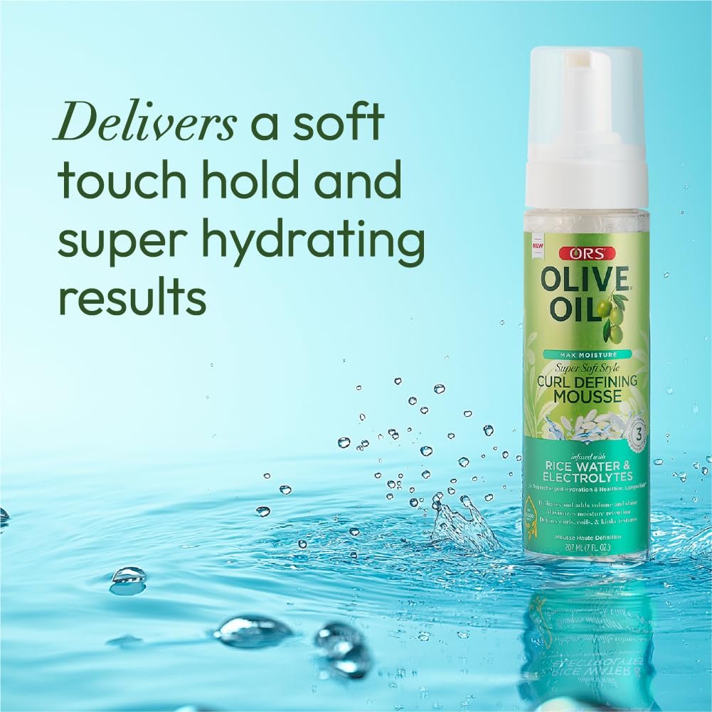 ORS Olive Oil Max Moisture Super Soft Style Curl Defining Mousse with Rice Water & Electrolytes for Hydration & Growth, 7.0 oz - görsel 9
